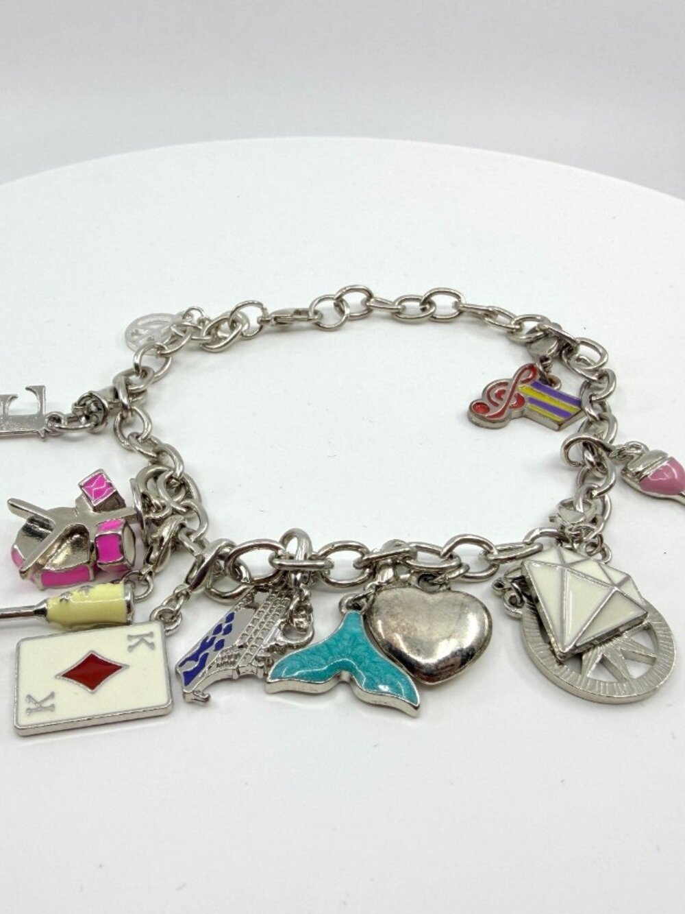 Vintage Y2K Silver Tone Multi Charm Bracelet Enamel Heart Playing Card Quirky
